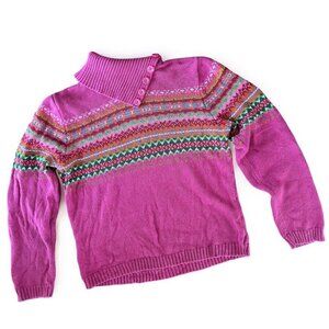 Vintage 90s Tiara Pink Fair Isle Turtleneck Sweater Button Collar Size Medium